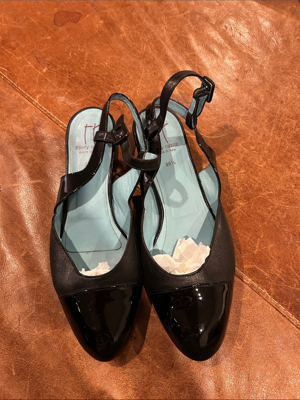 Thierry Rabotin Black Leather & Patent Slingback Mules